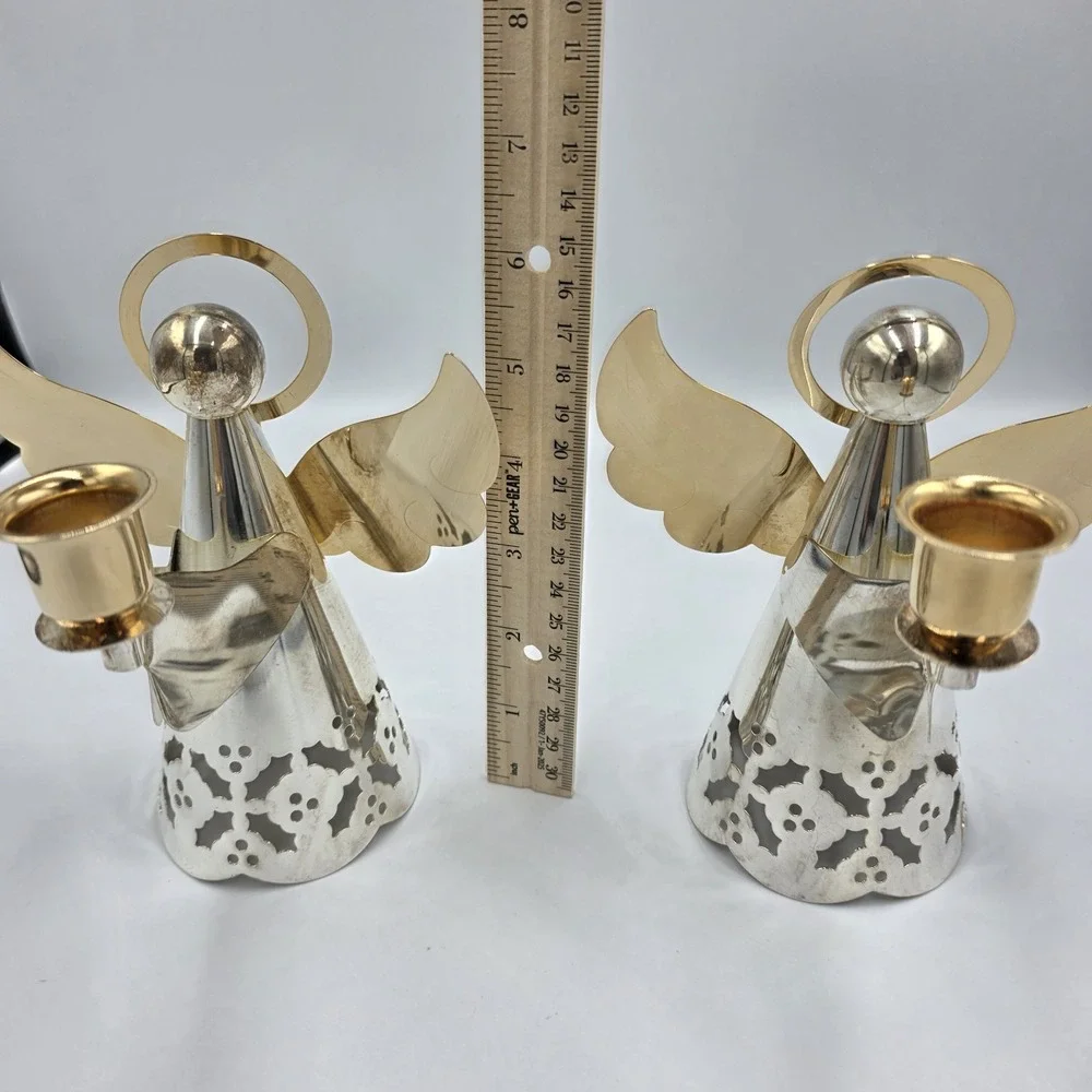 Vtg Internatial Silver Silverplate & Brass Angels‎ Holly Candlestick Holders 6